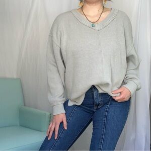 Aerie Wonder Ribbed V-Neck Oversized Sweatshirt - Light Grey